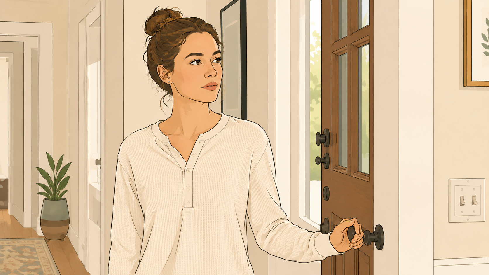 A woman pauses at her front door, hand on the handle — people pleasing and boundaries recalculating the moment after she said it.