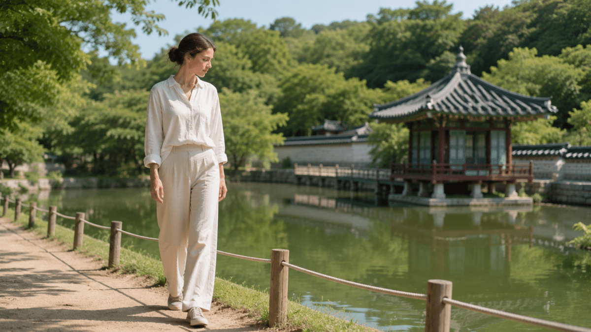 A woman walks alone beside a palace pond — people pleasing and boundaries shifting from decision to structure, one held limit at a time.