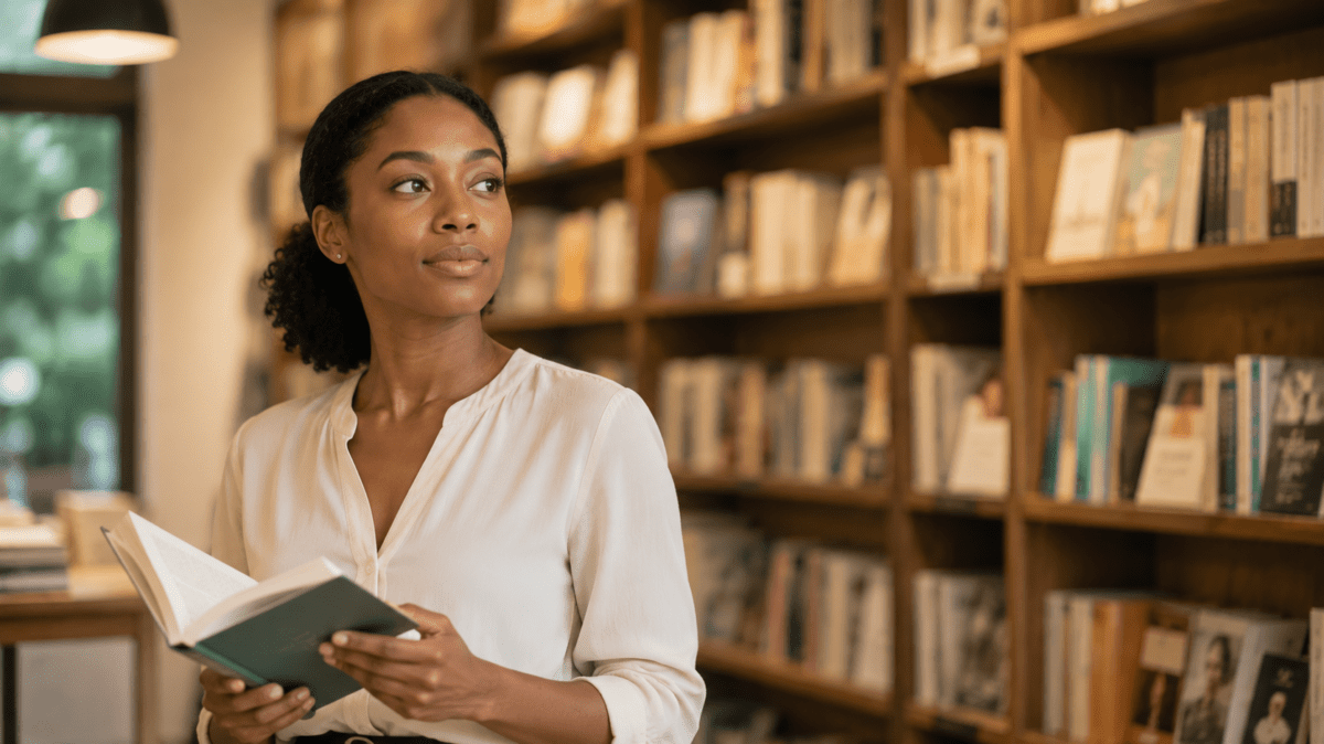 A woman holds an open book in a bookstore, gaze drifting elsewhere — people pleasing and identity filtering what gets expressed before it reaches the room.