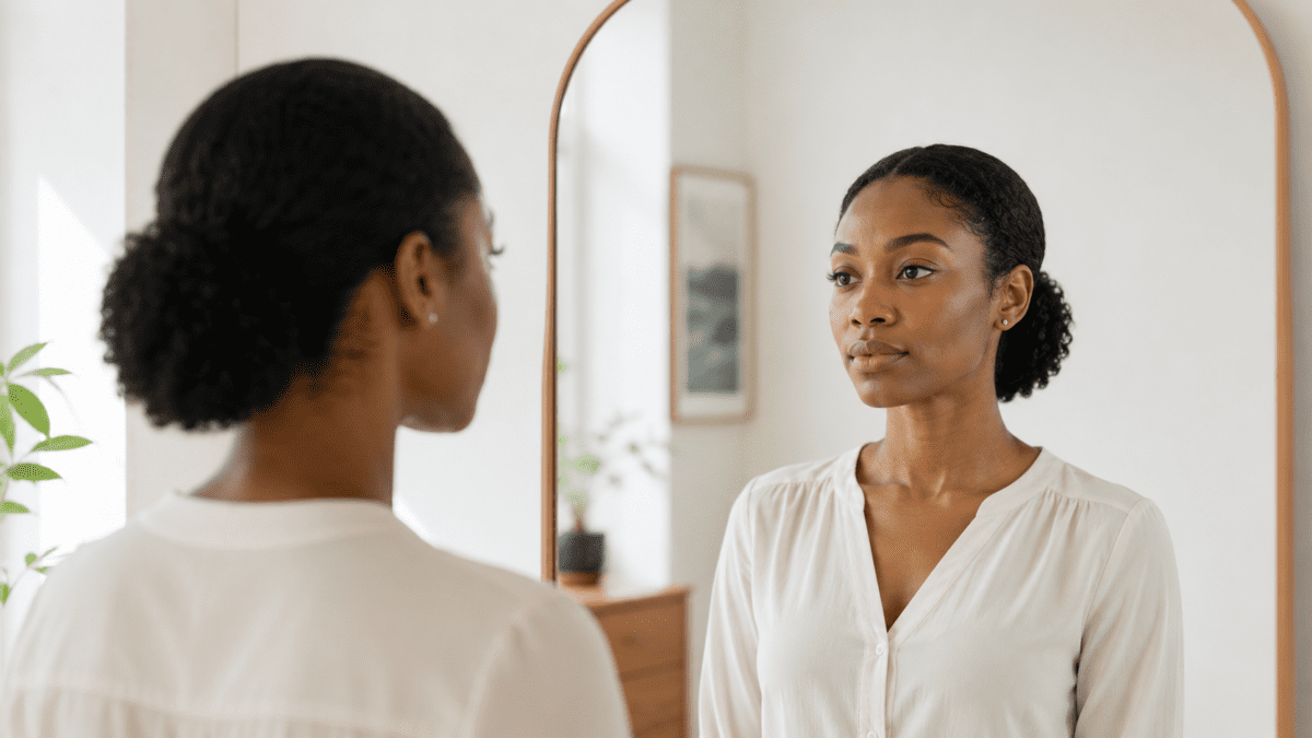 A woman stands before a mirror, expression steady but distant — people pleasing and identity creating a gap between the self that shows up and the one that stayed inside.