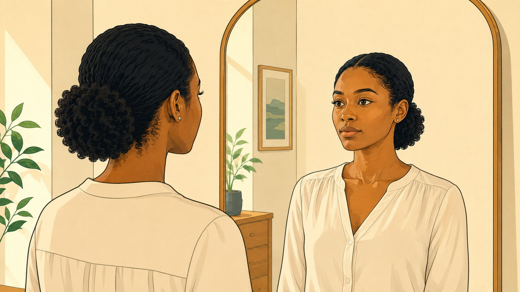 A woman faces her reflection, expression quiet and searching — people pleasing and identity leaving a distance between who she is and what the mirror gets to see.