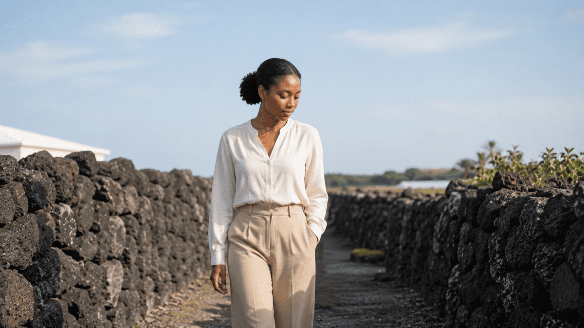 A woman walks alone between Jeju stone walls, eyes downcast — people pleasing and identity narrowing what she allows herself to want before the question is even asked.