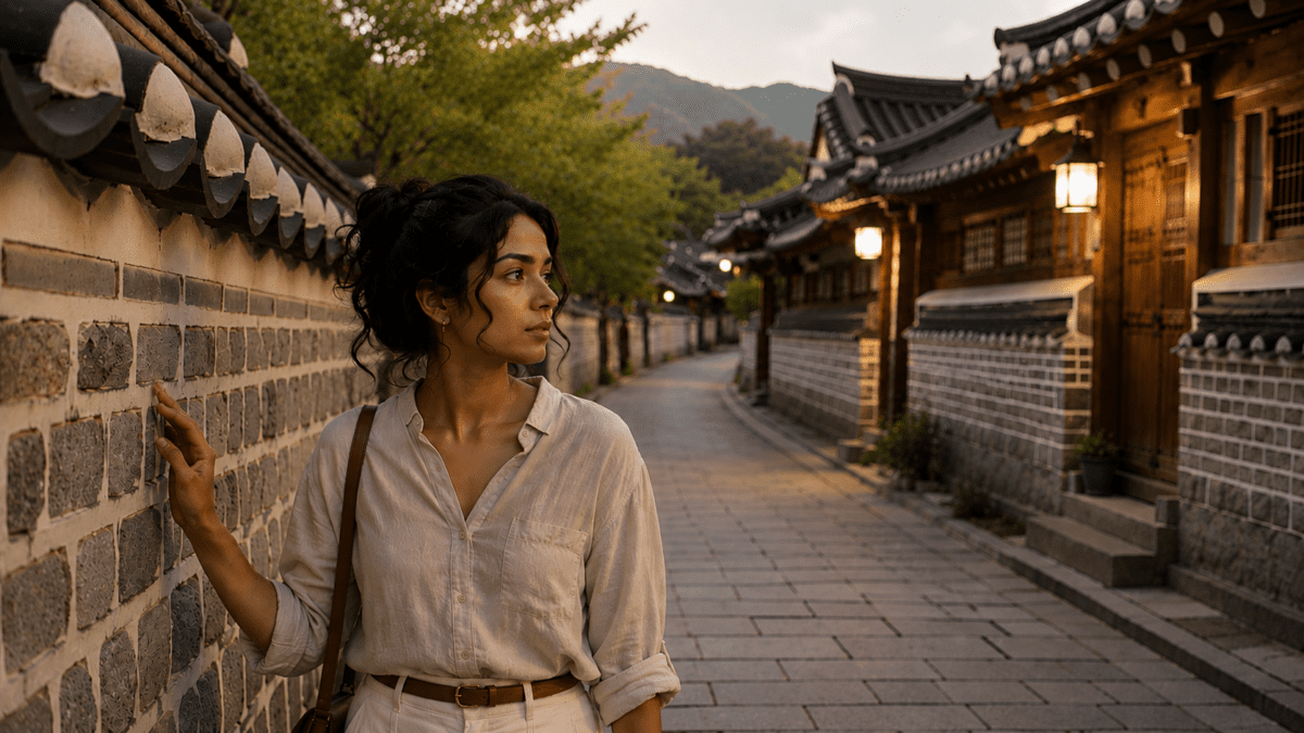 Woman pausing alone in a hanok alley at dusk, resentment in relationships with no clear source or target.