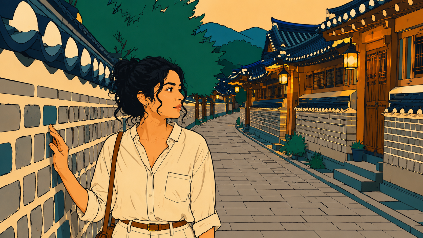 Illustration of woman pausing alone in a hanok alley at dusk, resentment in relationships with no clear source.