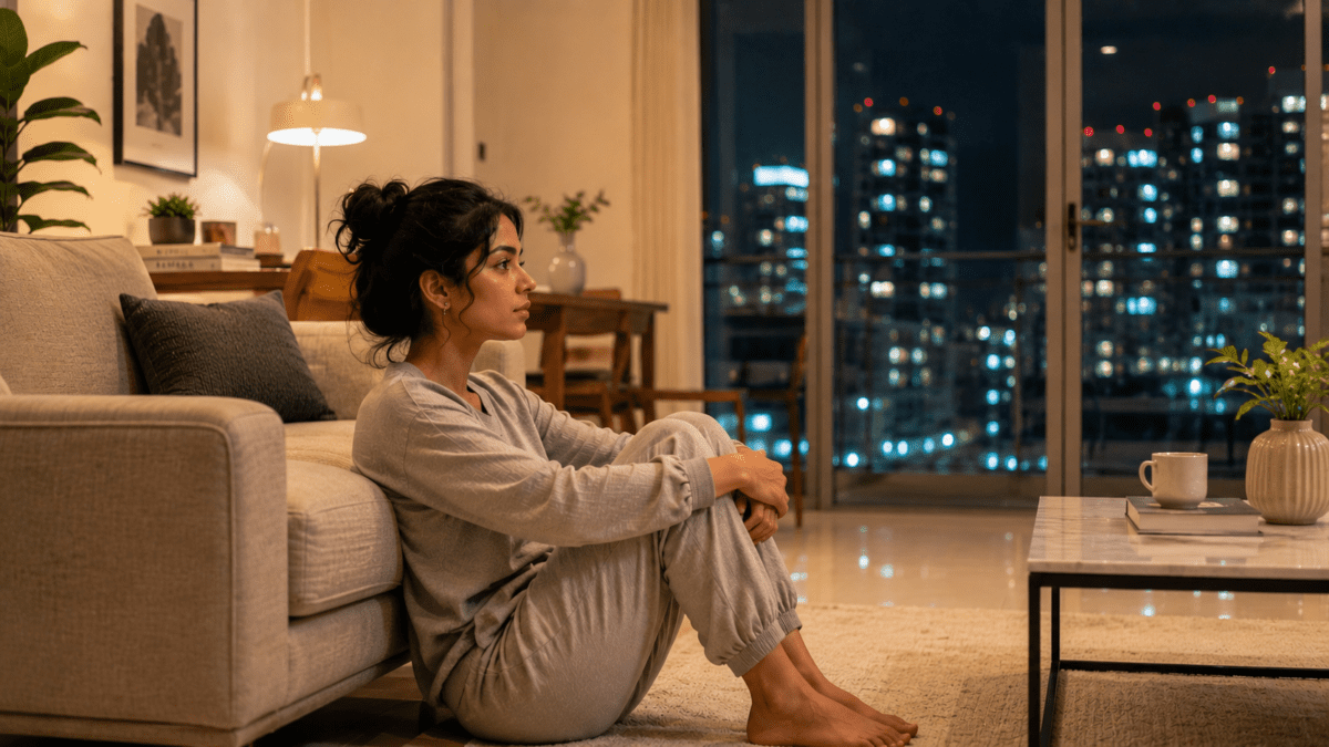Woman sitting alone on her apartment floor at night, knees drawn in, resentment in relationships finally surfacing.