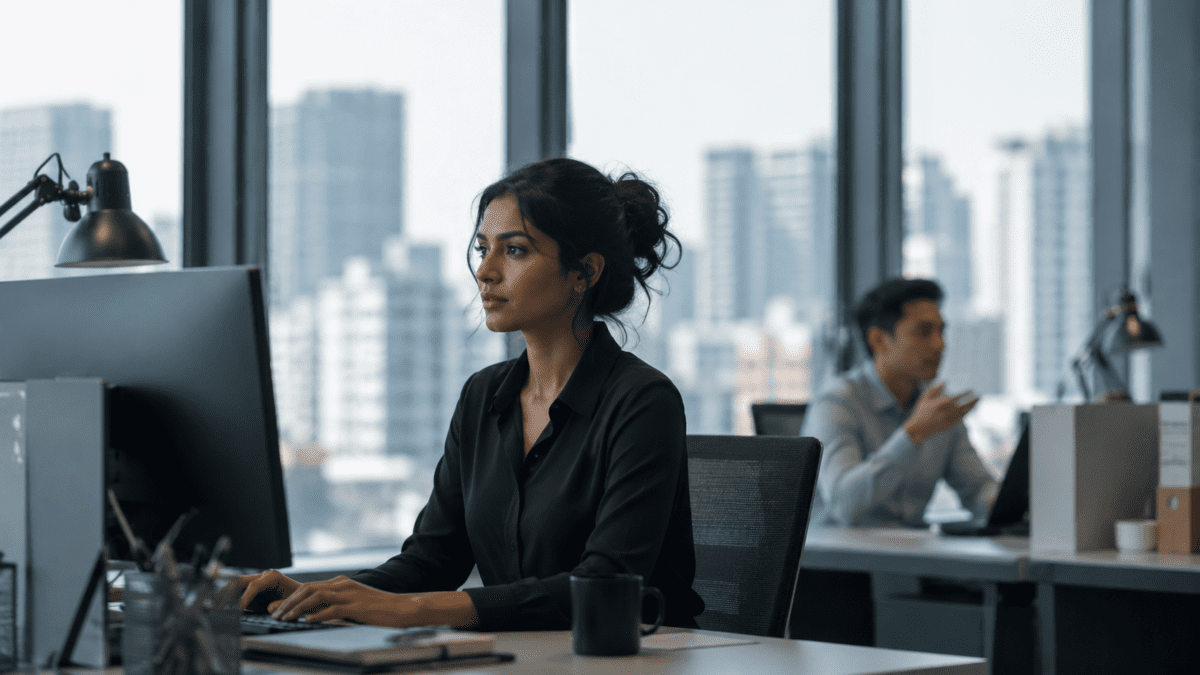 Woman sitting composed at her office desk, present and functional, something building invisibly beneath it.