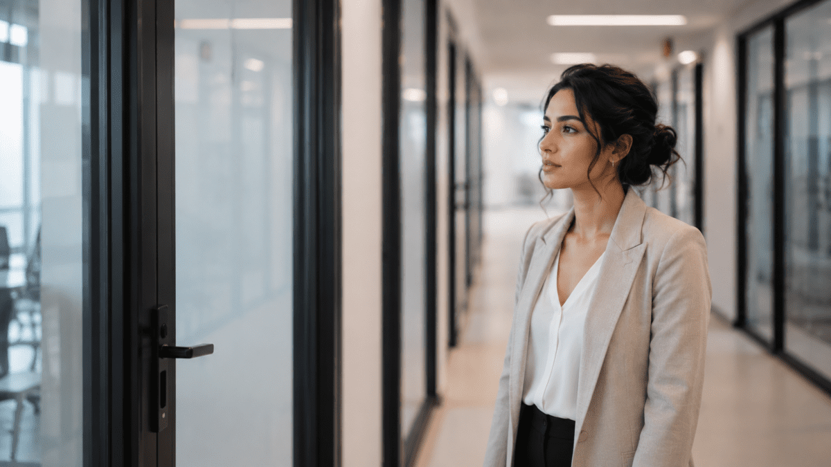 A woman stands in an office corridor outside a closed meeting room door — the approval hierarchy of people pleasing at work mapping exactly onto where the power is.