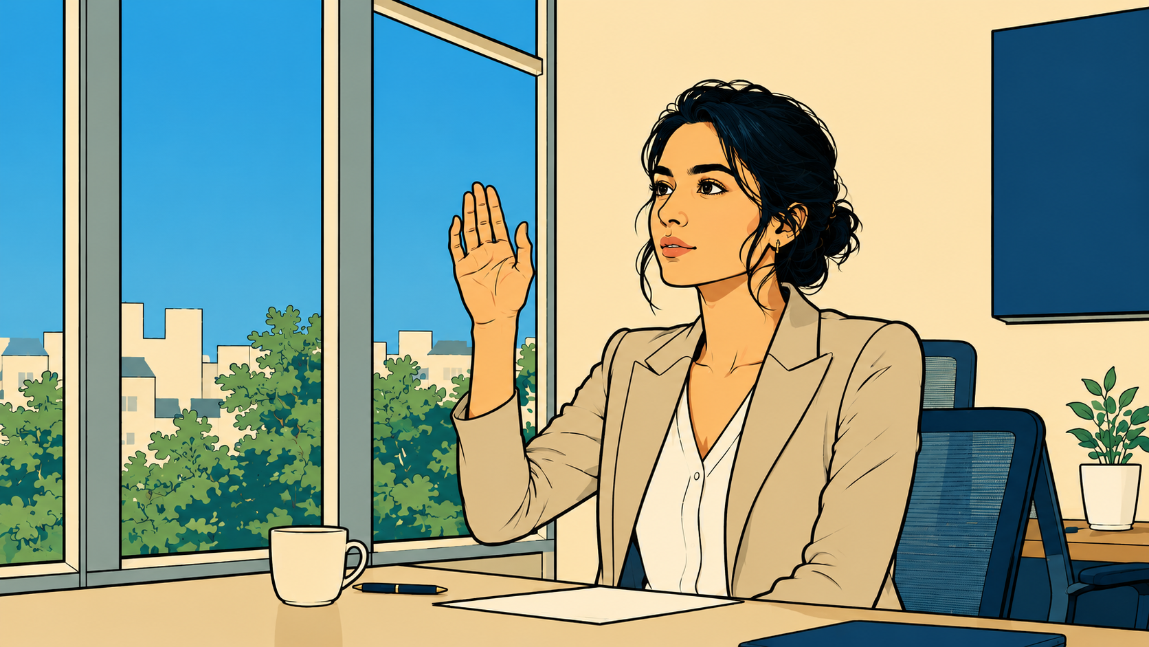 A woman raises her hand in a meeting room before she decides — people pleasing at work already answering before the question is finished.