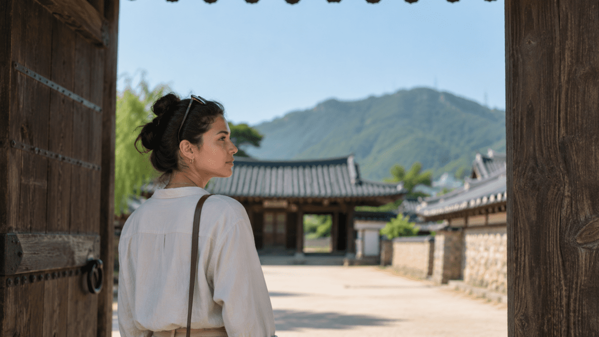 A woman stands at a Korean hanok entrance, looking out in stillness — the quiet weight of people pleasing exhaustion that rest cannot reach.