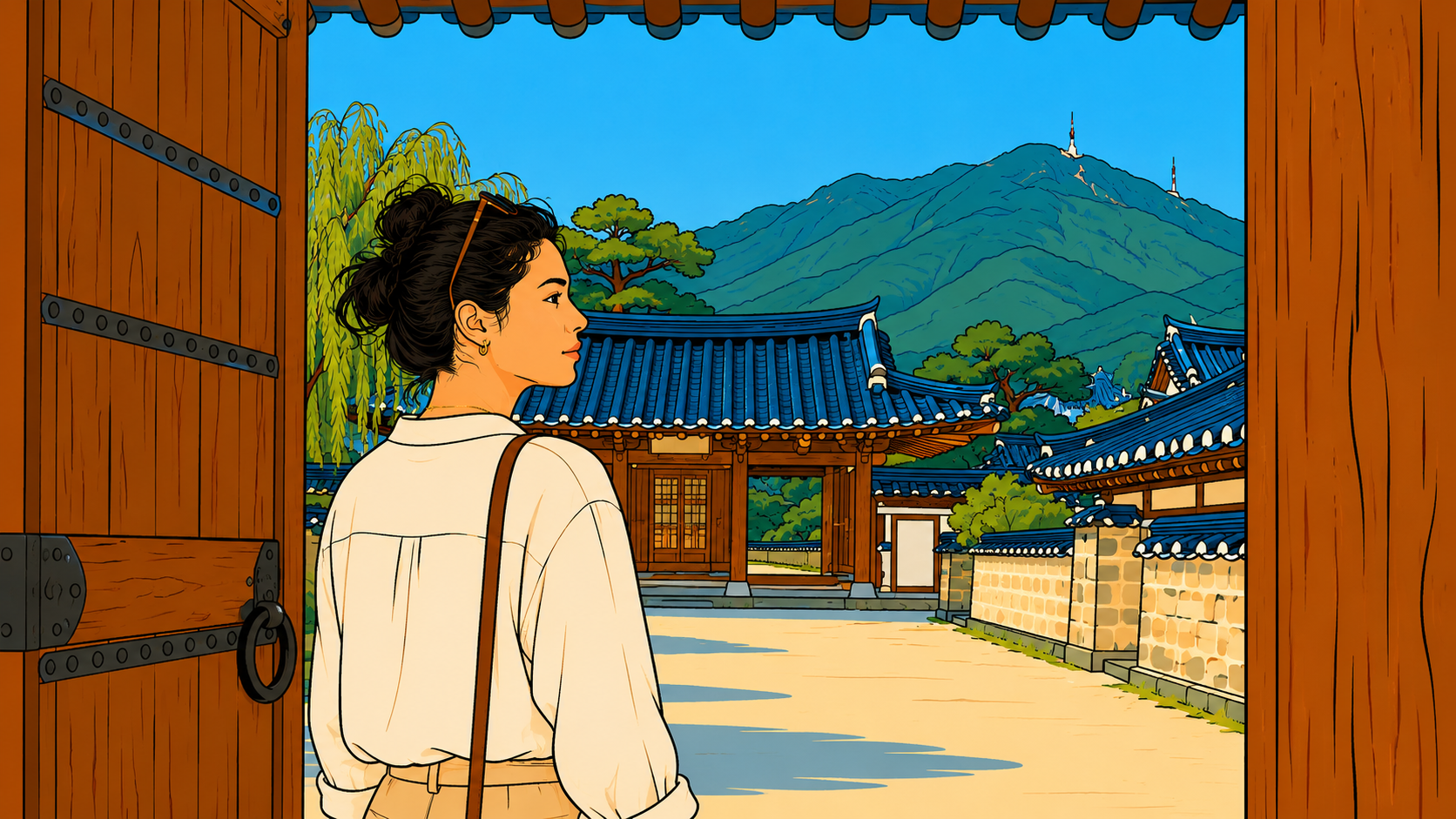 A woman pauses at a Korean hanok gate, looking inward — a still moment before people pleasing exhaustion takes over the day.