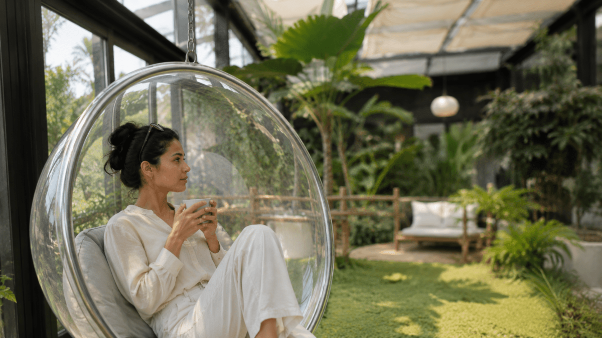 A woman sits alone in a bubble chair, calm and composed — the invisible cost of people pleasing exhaustion running beneath every quiet moment.