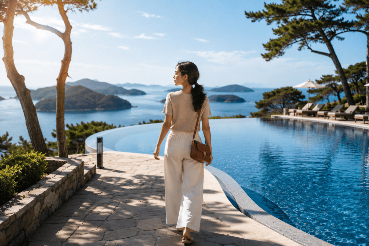 A woman walks alone along an infinity pool, islands in the distance — the quiet gap that people pleasing in relationships leaves between presence and connection.