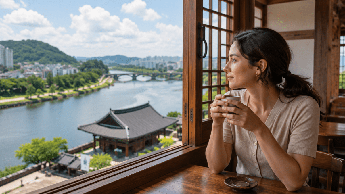 A woman sits alone at a hanok window, cup in both hands, gaze fixed on the river below — people pleasing in relationships already assigning the role before she notices it.