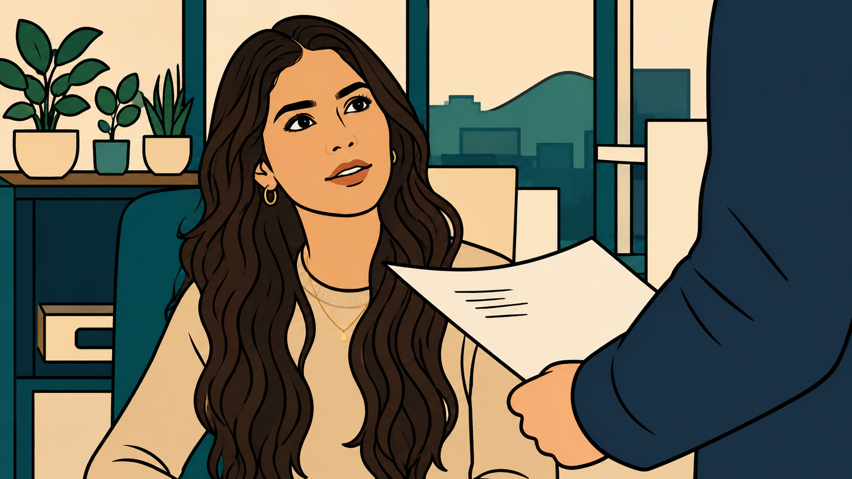 Illustration of a woman pausing before answering a colleague — the automatic yes of people pleasing