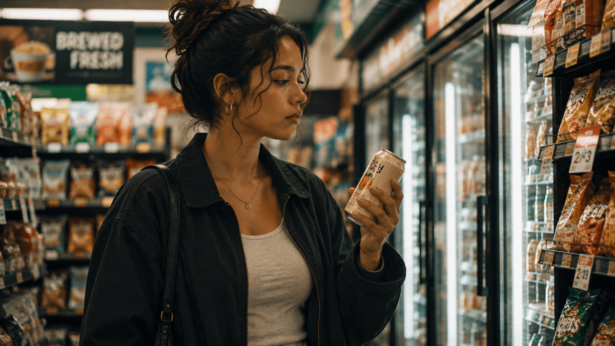 Woman pausing in a convenience store, can in hand, noticing something she wouldn't have before.