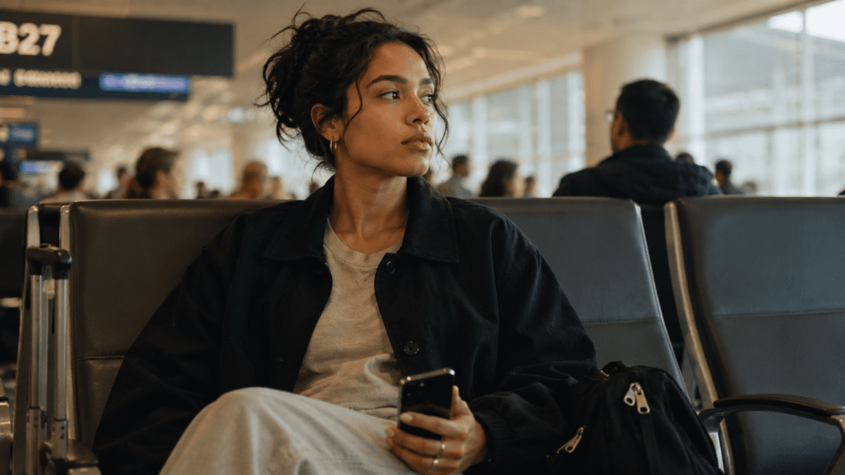 Woman sitting in an airport terminal, phone in hand but screen ignored, people pleasing recovery looking like this.