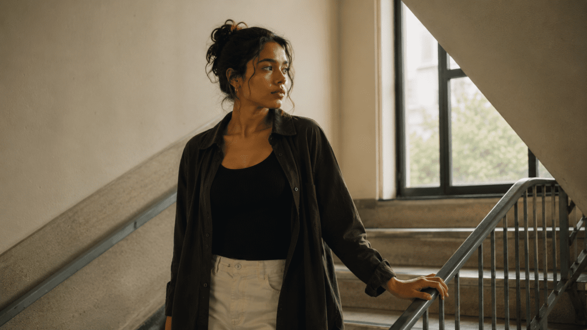 Woman pausing on a staircase, hand on the railing, somewhere in the middle of a long process.