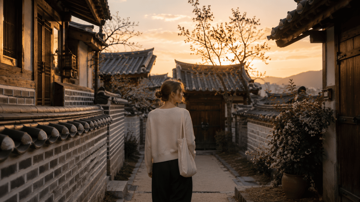 A woman walks alone through a Korean alley at sunset, the week already resuming — the physical symptoms of stress returning on schedule, the rest that changed nothing behind her.