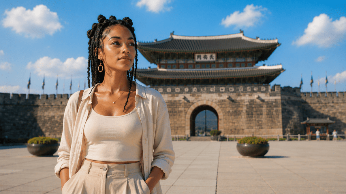 A woman standing before Hwaseong Fortress Janganmun Gate, facing forward with quiet force — power chaos and Pyeon-gwan in K-Saju