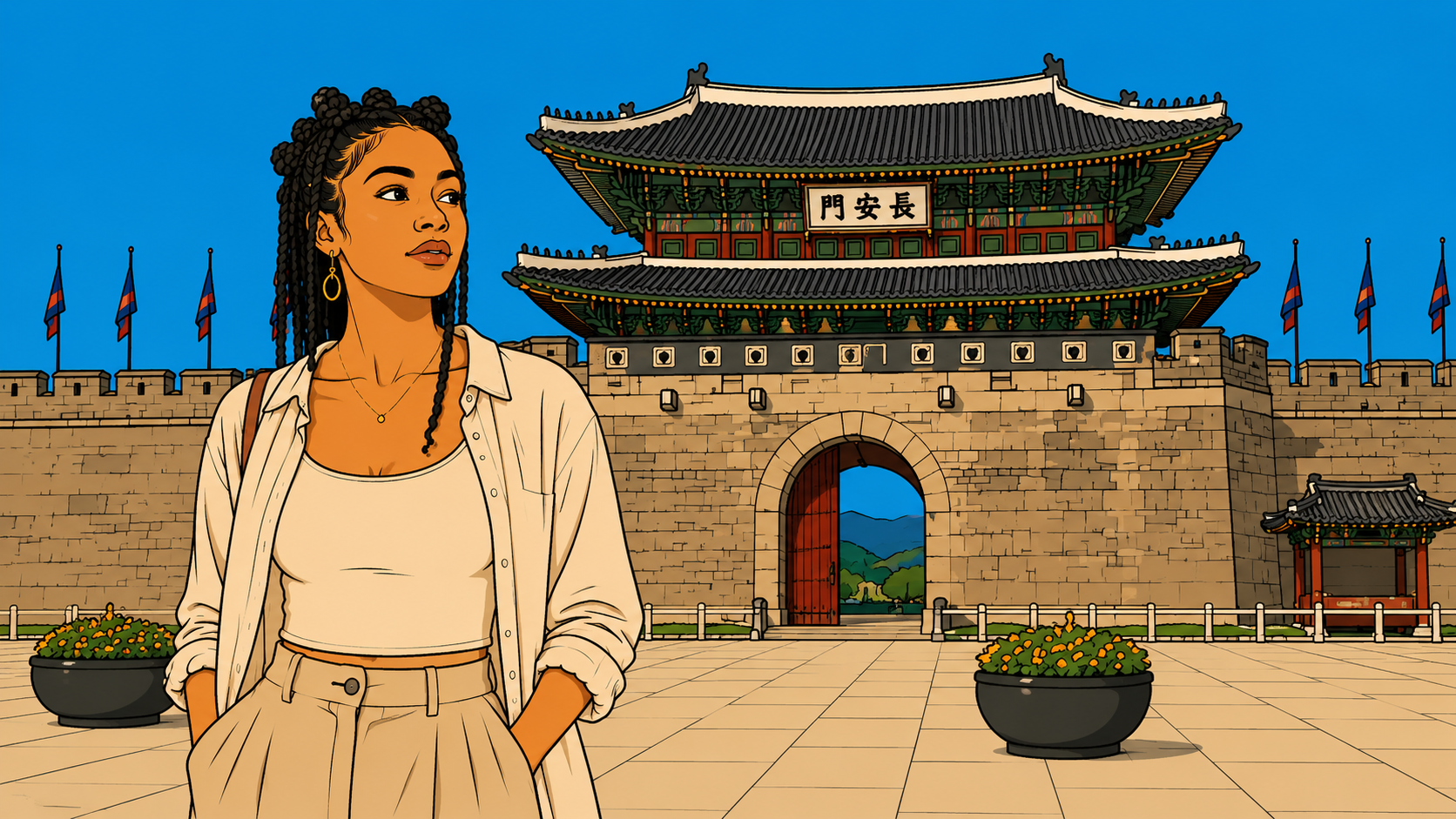 A woman standing before Hwaseong Fortress Janganmun Gate in minhwa style — power chaos and Pyeon-gwan in K-Saju