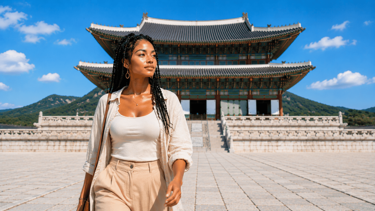 A woman walking across Gyeongbokgung Palace courtyard with decisive steps — when control breaks what it tries to fix, Pyeon-gwan in K-Saju