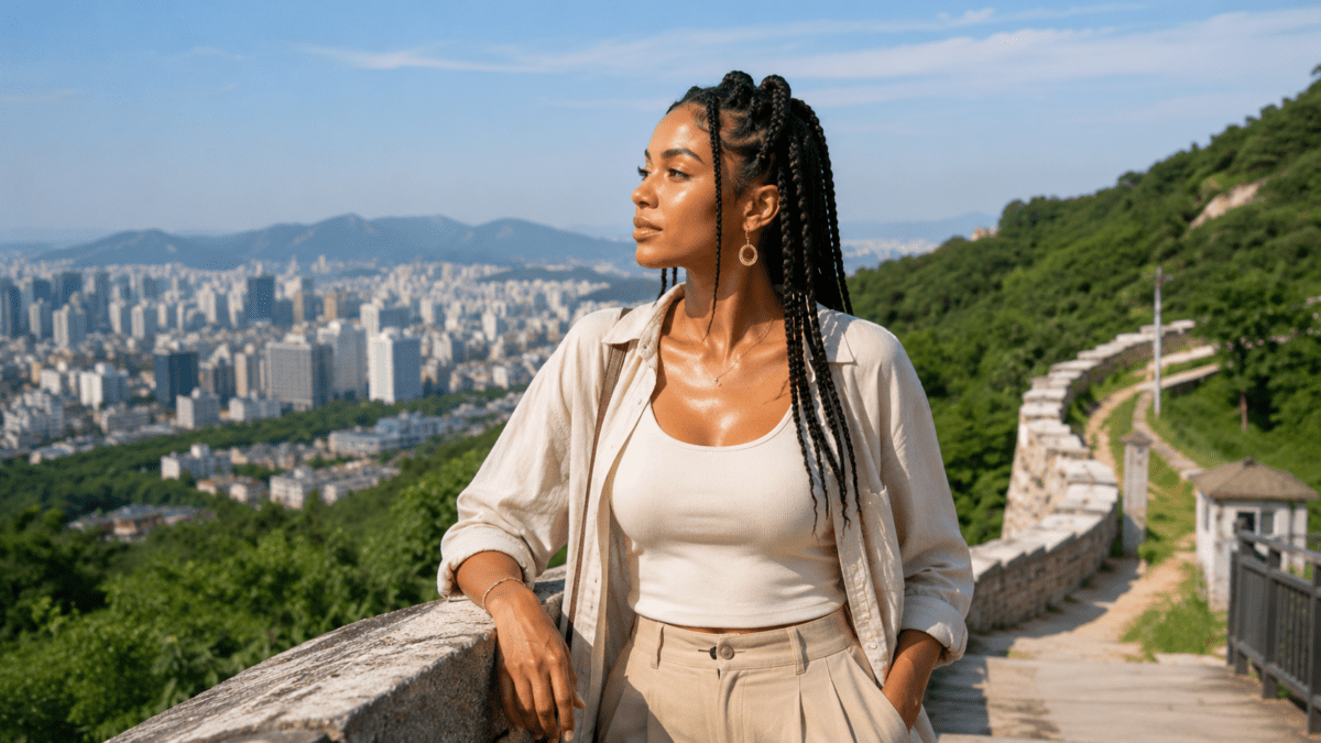A woman standing on Inwangsan fortress wall overlooking Seoul, seeing her power structure clearly — K-Saju Pyeon-gwan power chaos
