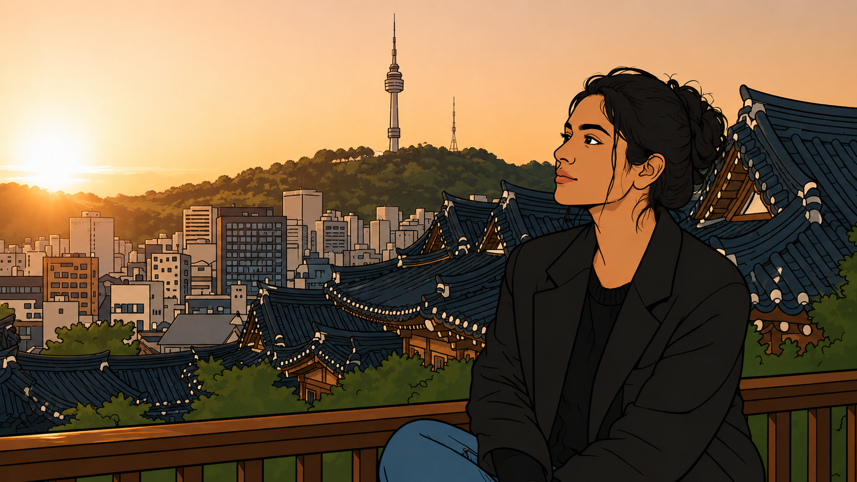 Illustration of woman on traditional hanok railing overlooking Seoul at sunset, embodying the strength to protect her rhythm and defend her boundaries