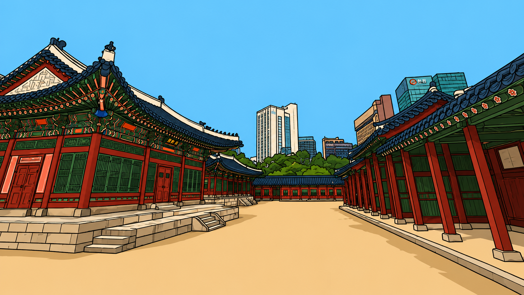 Illustrated Psy dance inspired scene blending Korean palace architecture with modern Seoul skyline