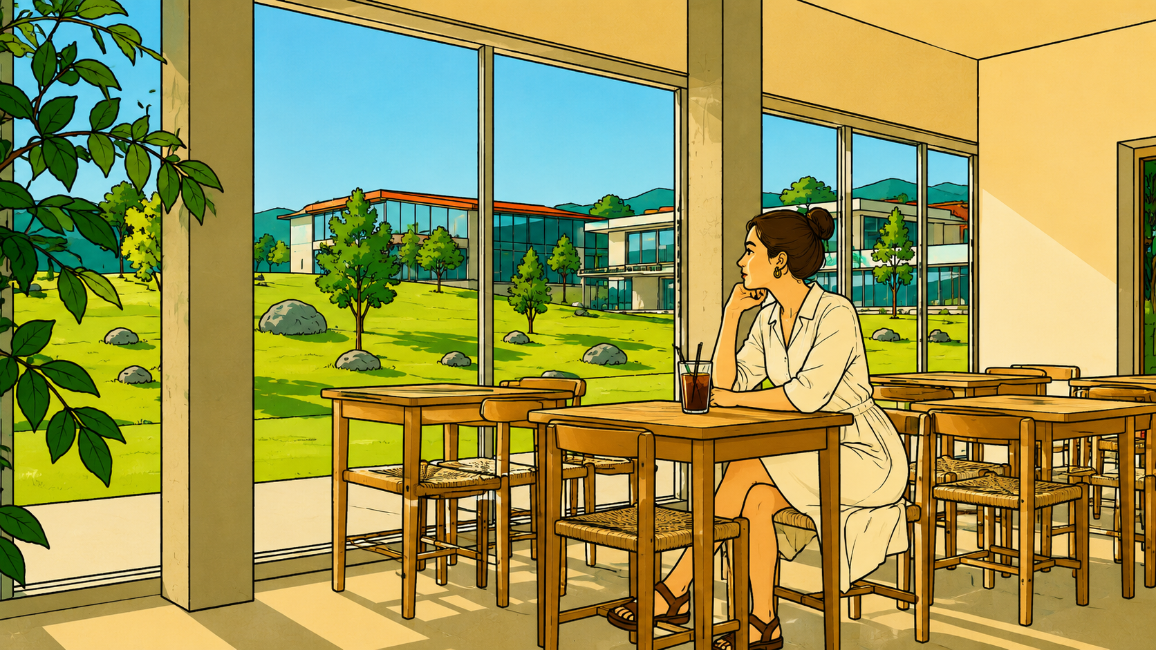 A minhwa-style illustration of a woman sitting alone in a spacious Busan café, where pure support fills the room quietly through light and open windows.