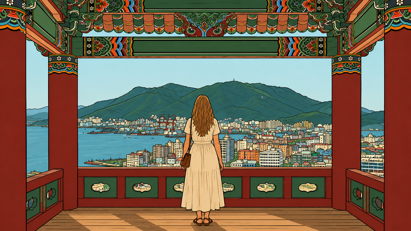 A minhwa-style illustration of a woman questioning your own memory, standing alone in a Korean pavilion overlooking the sea and city below.