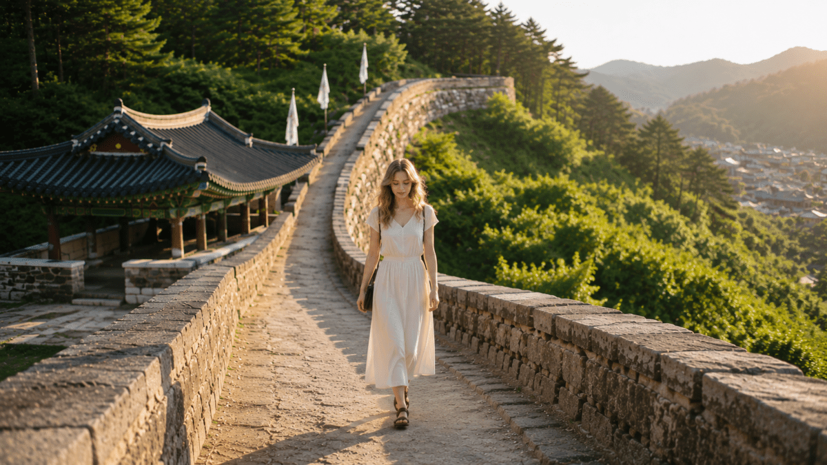 A woman walking alone on a Korean fortress wall, questioning your own memory, eyes cast down in the warm glow of early summer light.