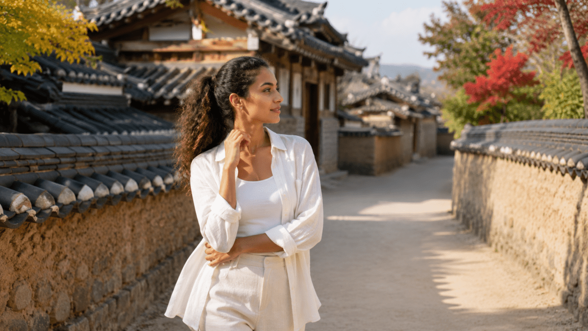 A woman walking through Andong Hahoe Village in autumn, moving at ease within existing structures — weak Sang-gwan in K-Saju.