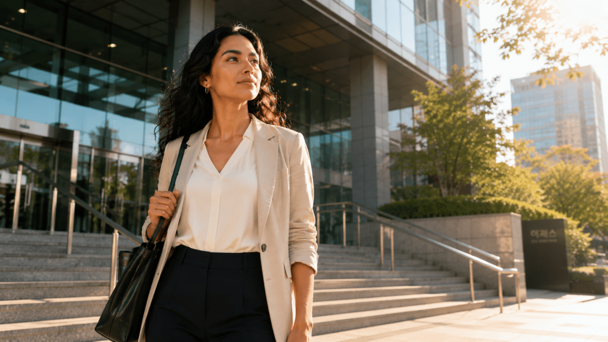 Rebuilding your life after changing plans — a woman outside a Seoul office building, looking forward, ready to move without knowing exactly where it goes.
