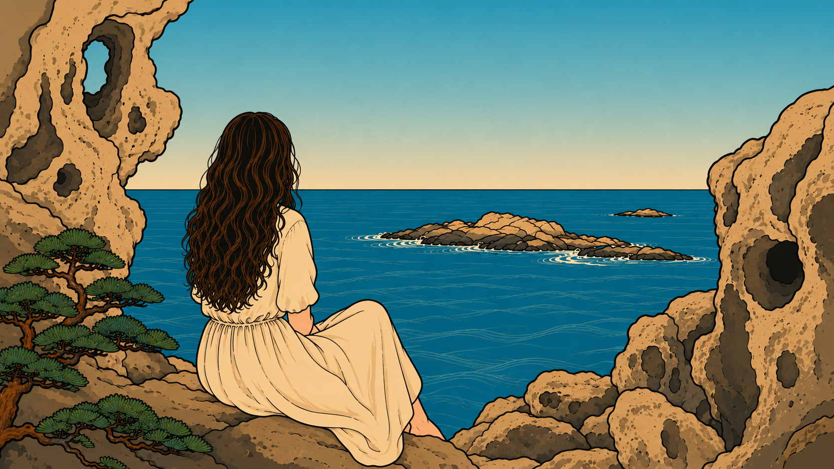 A woman in a cream dress sits on coastal rocks, gazing at the sea — self abandonment and stillness in a Korean-style illustration
