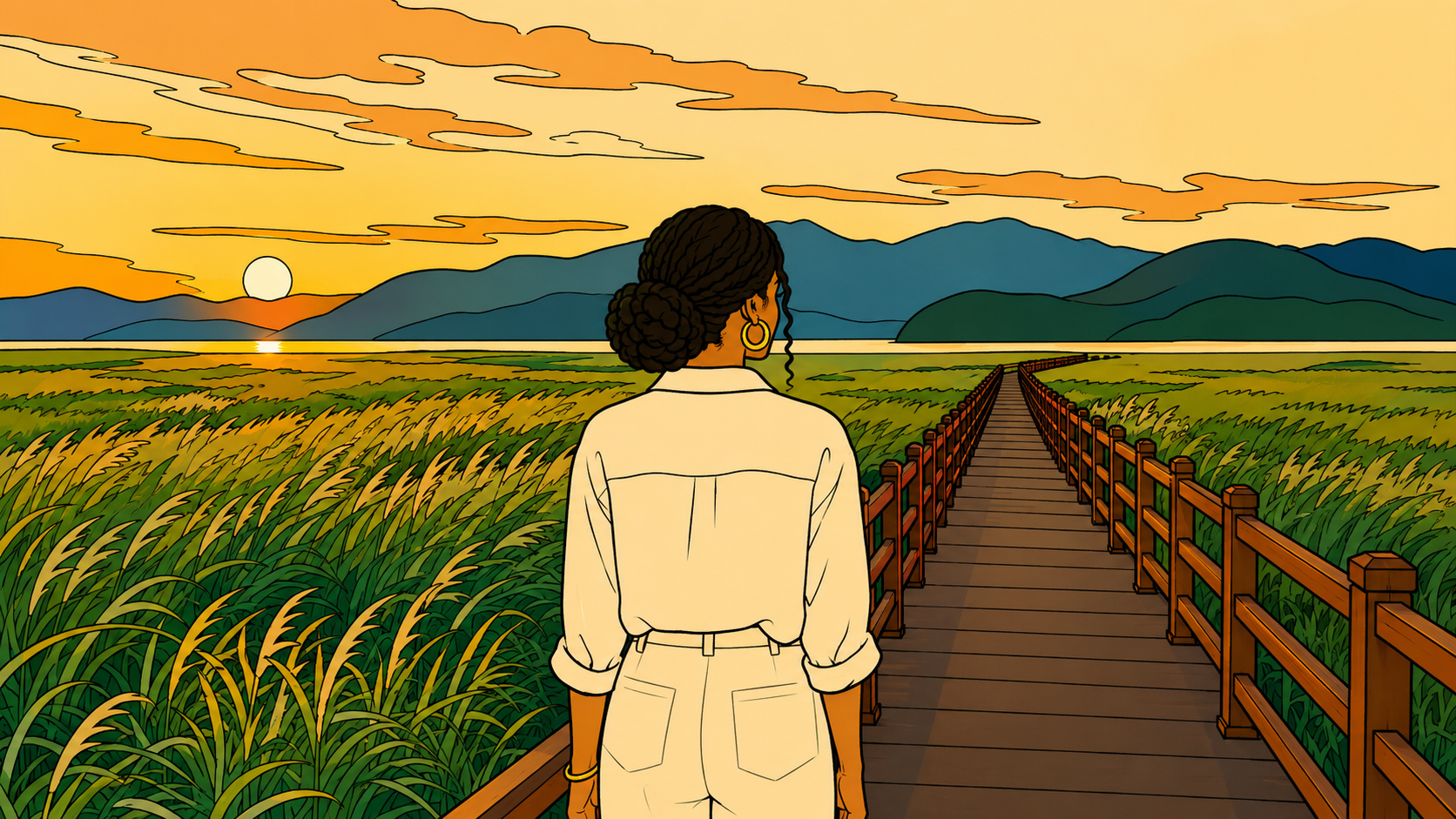 A minhwa-style illustration of a Black woman alone on a wetland boardwalk at sunset, self-doubt in relationships stretching out like the path ahead.