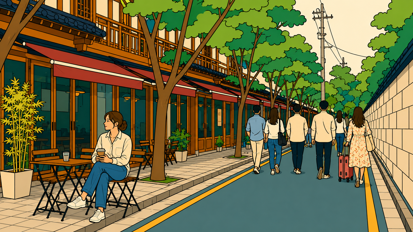 Modern minhwa illustration of Seosunra-gil Seoul featuring hanok-style cafes, tree-lined streets, and people walking beside the traditional stone wall in Jongno.