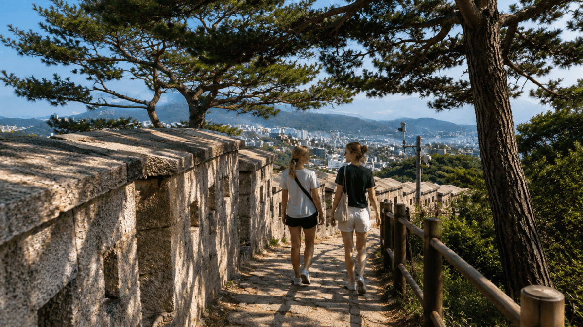 Two women walk along the Seoul city wall walk above the city, following the same stone path that has traced this ridgeline for six centuries.