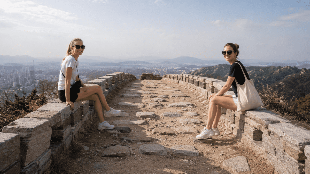 Two women sit on the Seoul city wall walk with the city spread out behind them, resting on stones that have been here since 1396.