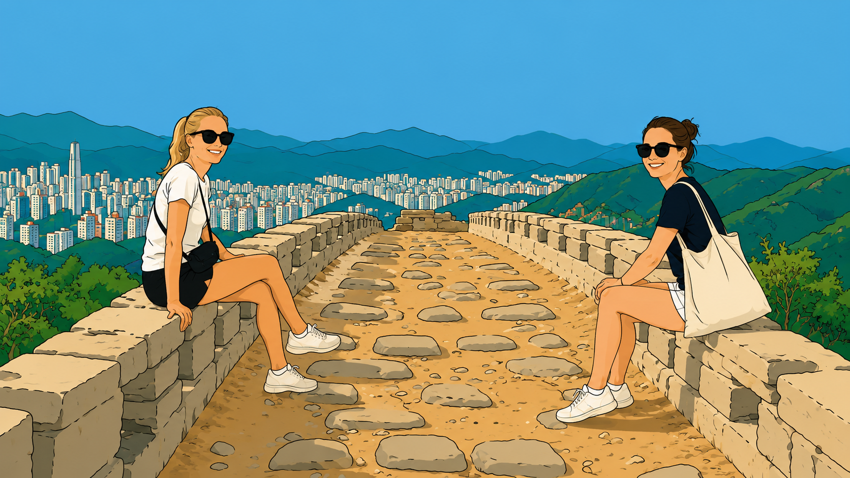 A minhwa-style illustration of two women sitting on the Seoul city wall walk, the full city spread out behind them on both sides.