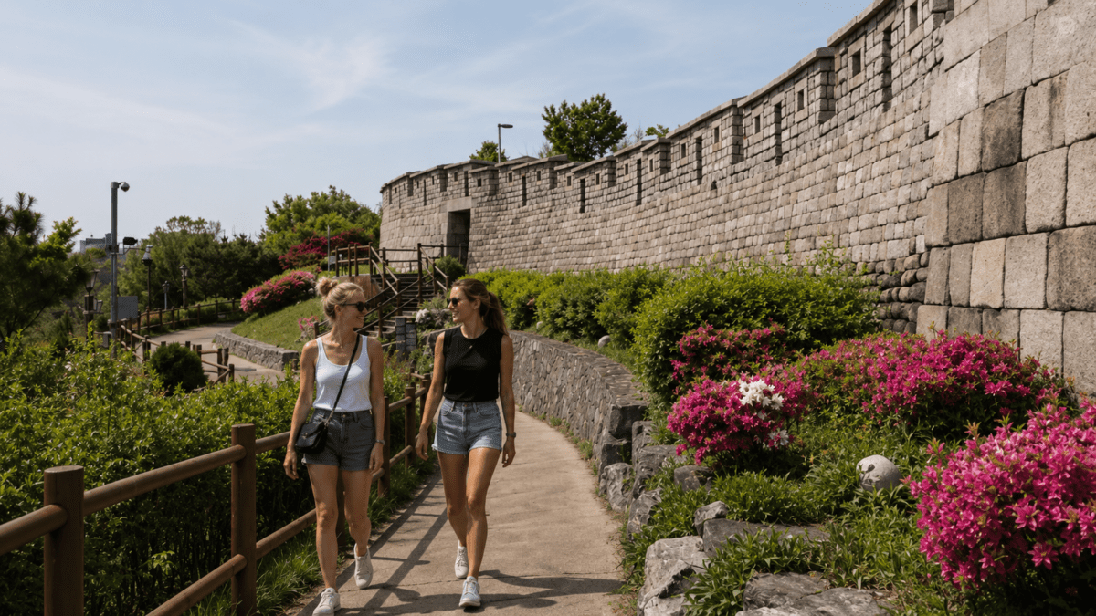 Two women walk the Sunseong-gil path beside the Seoul city wall walk, pink azaleas in bloom along the stone that has circled this city for six hundred years.