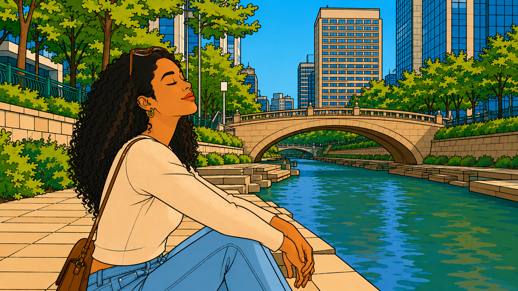 A woman rests by the waterway, eyes closed, as Seoul stream restoration flows quietly behind her beneath a stone bridge