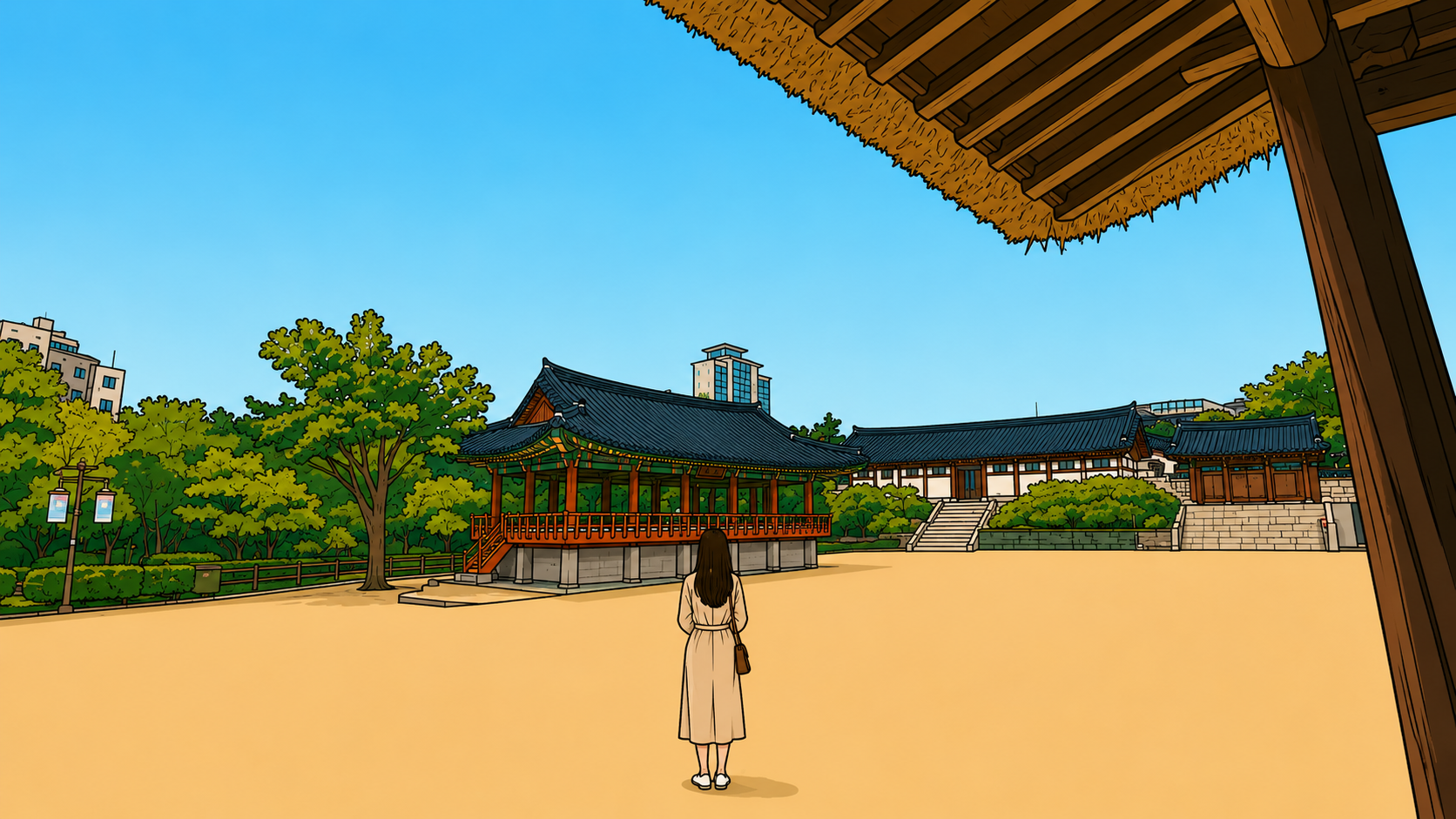 Silent love folk painting thumbnail. A solitary figure stands in a traditional courtyard, reflecting on unspoken affection and quiet devotion.