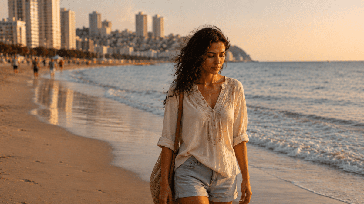 Woman walks alone along Haeundae Beach at golden hour, her expression thoughtful and distant.