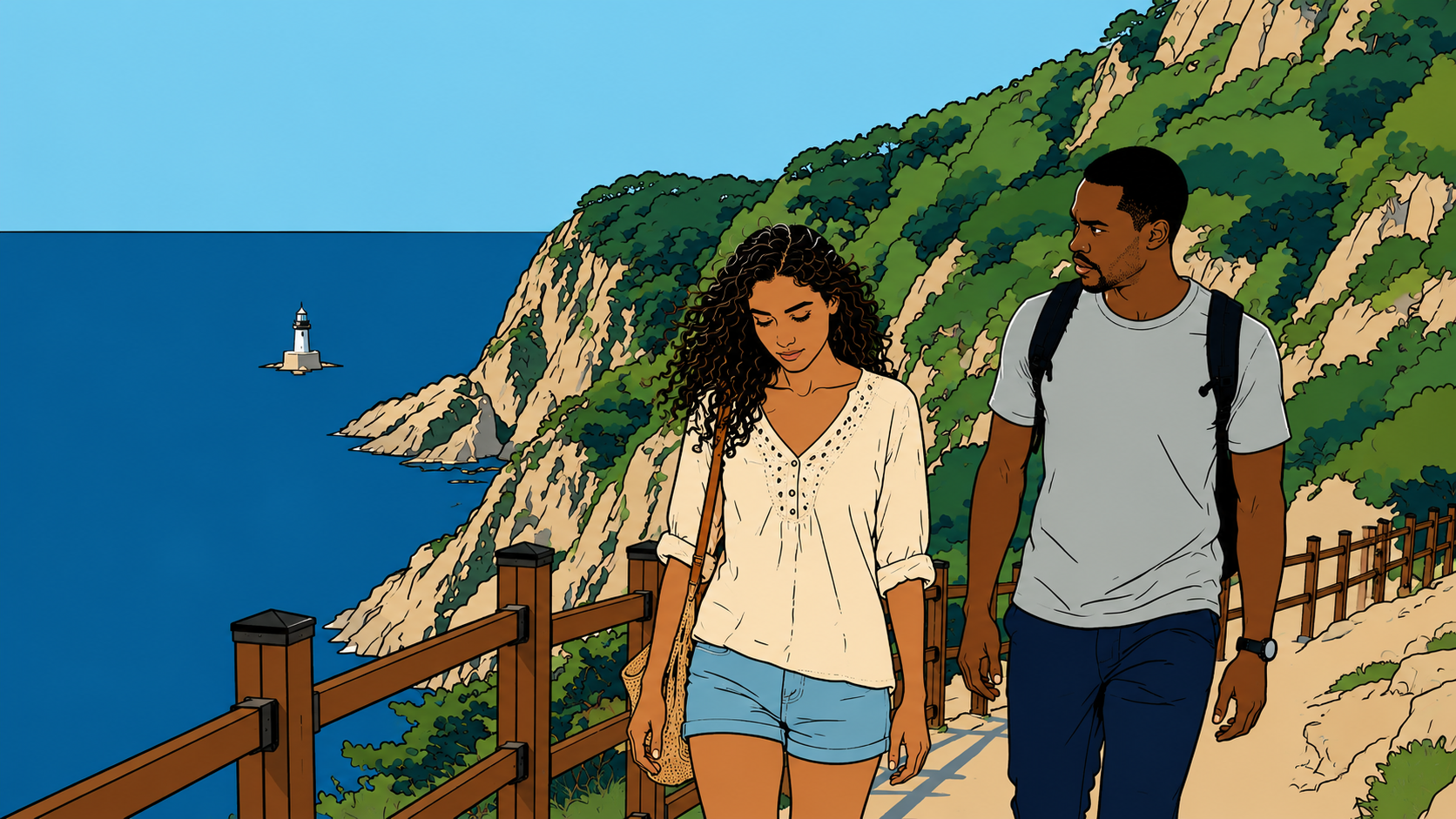 Illustration of a woman on a cliffside path with someone beside her, weighing whether to define the relationship.