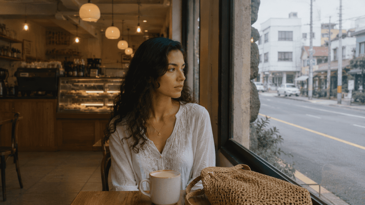 A woman sits alone at a Jeju café window, coffee in front of her, watching the street outside with a quiet absent expression — situationship ending