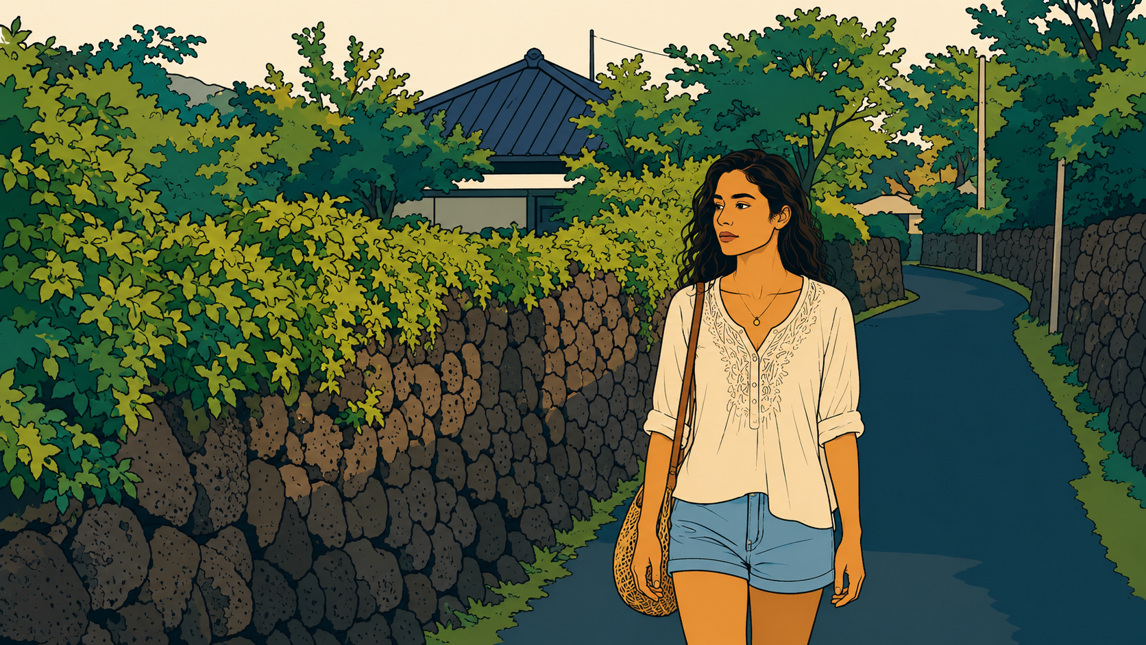 A woman walks alone along a Jeju stone wall road, expression calm and distant — situationship ending