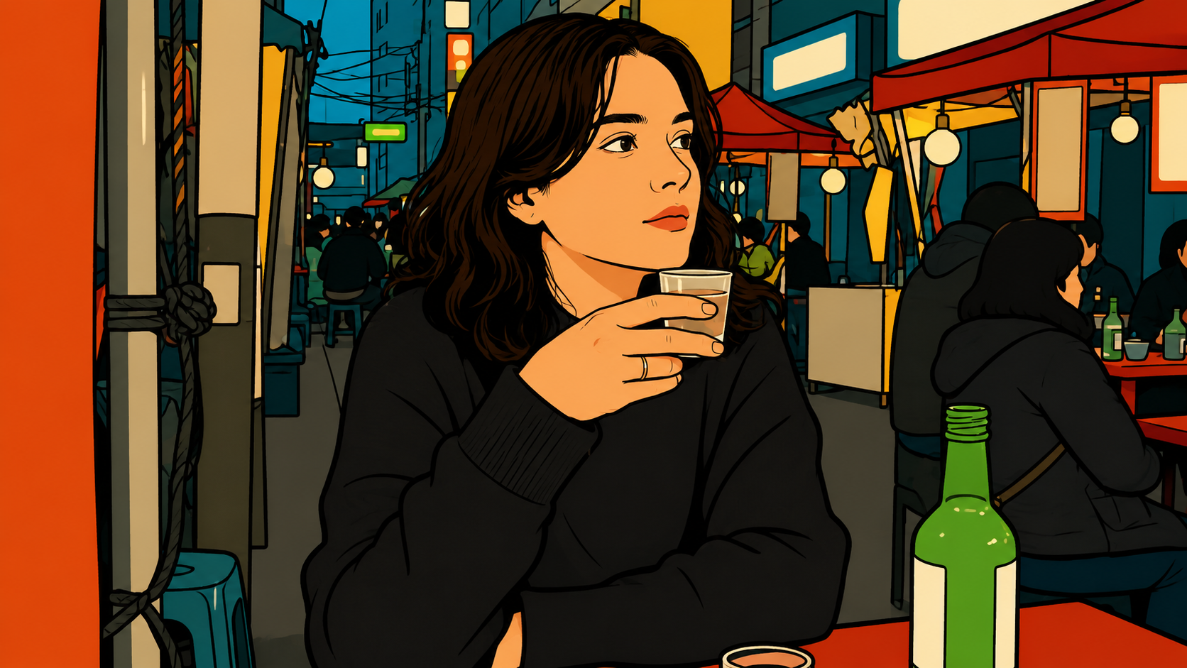 A woman alone at a Seoul pojangmacha, holding soju, lost in thought — situationship meaning