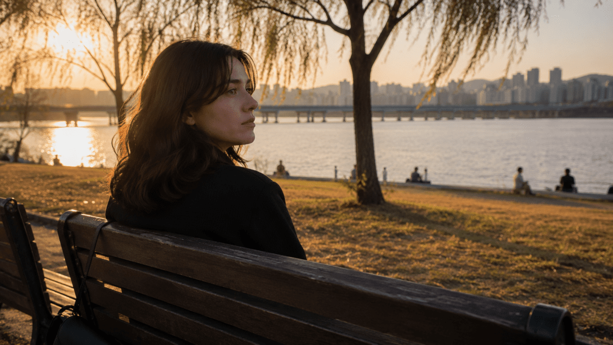 A woman sits alone on a Han River bench at golden hour, looking toward the water — situationship meaning