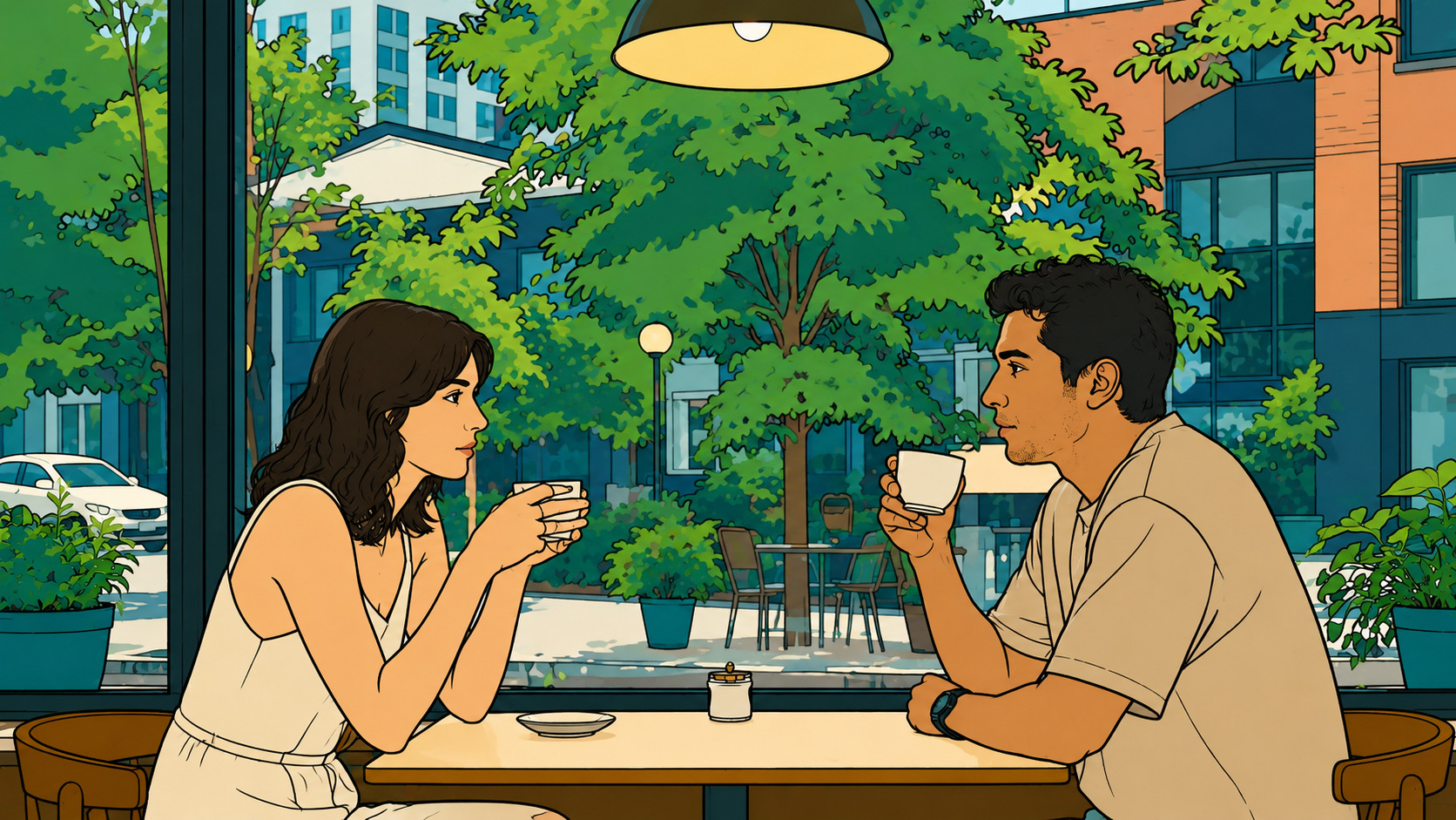 A couple sits at a café window table, coffee in hand, talking without quite saying anything — situationship rules