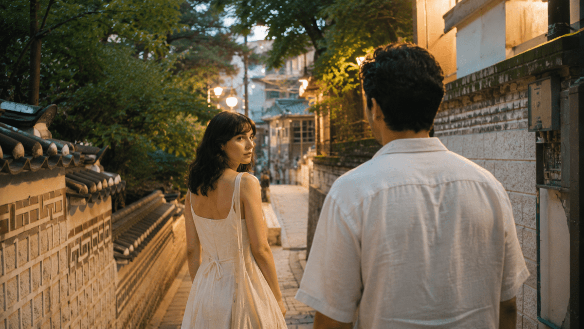 A woman glances back at the man walking behind her through a Seochon alley at dusk — situationship rules